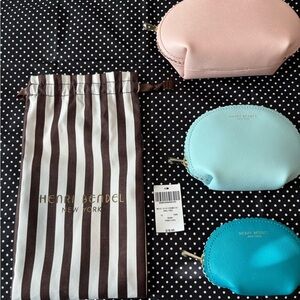 Henri Bendel Blush and Aqua Pouches with Striped Bag